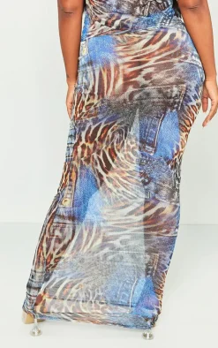 Clearance PrettyLittleThing Shape Mesh Denim Print Maxi Skirt Blue