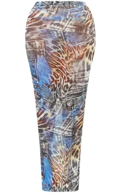 Clearance PrettyLittleThing Shape Mesh Denim Print Maxi Skirt Blue