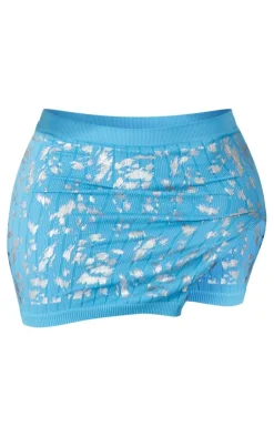 Sale PrettyLittleThing Shape Printed Structured Snatched Rib Split Side Mini Skirt Blue