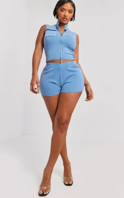 Online PrettyLittleThing Shape Rib Hot Pants Blue