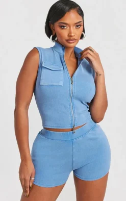 Online PrettyLittleThing Shape Rib Hot Pants Blue