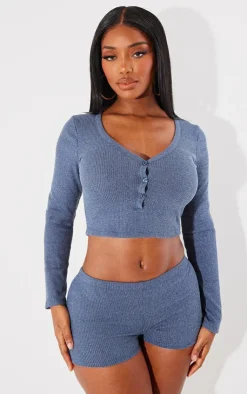 New PrettyLittleThing Shape Rib Marl Hot Pants Blue