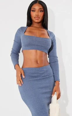 PrettyLittleThing Shape Rib Marl Scoop Neck Long Sleeve Crop Top Blue