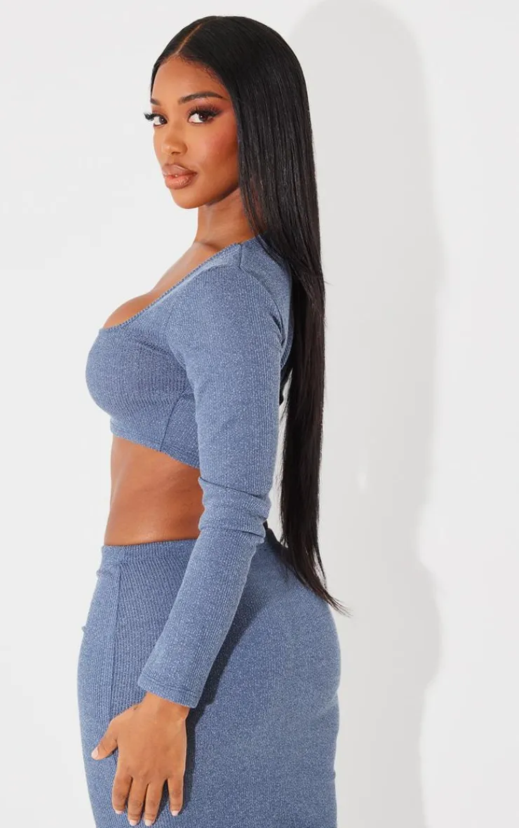PrettyLittleThing Shape Rib Marl Scoop Neck Long Sleeve Crop Top Blue