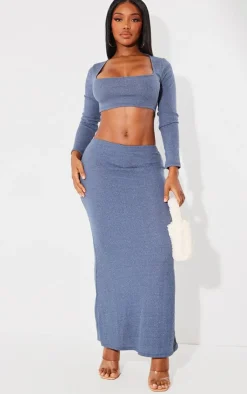 PrettyLittleThing Shape Rib Marl Scoop Neck Long Sleeve Crop Top Blue