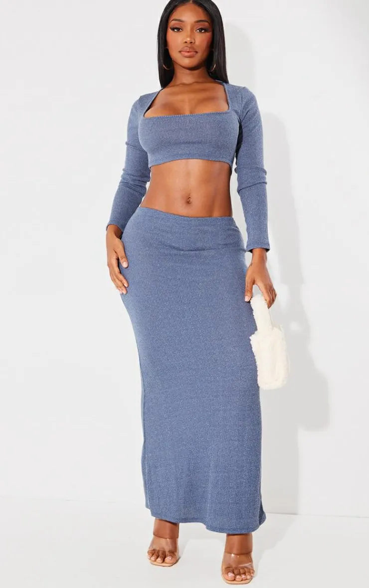 PrettyLittleThing Shape Rib Marl Scoop Neck Long Sleeve Crop Top Blue