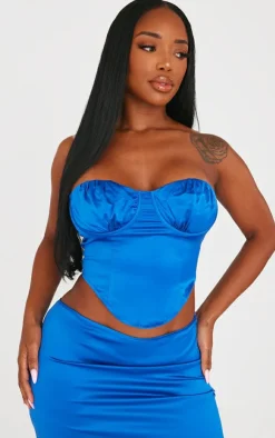 Outlet PrettyLittleThing Shape Blue Satin Cup Detail Bandeau Corset Bright Blue