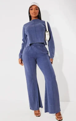 Online PrettyLittleThing Shape Soft Rib Pocket Bum Flare Pants Blue