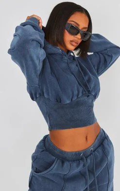 Discount PrettyLittleThing Shape Sweat Cropped Shirred Waist Hoodie Blue