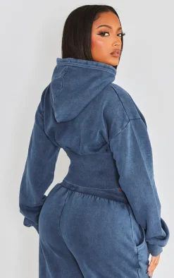 Discount PrettyLittleThing Shape Sweat Cropped Shirred Waist Hoodie Blue