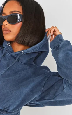 Discount PrettyLittleThing Shape Sweat Cropped Shirred Waist Hoodie Blue