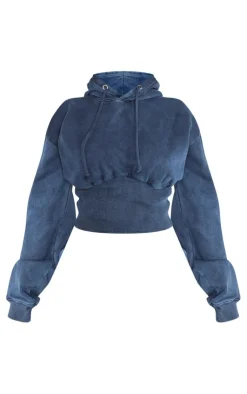 Discount PrettyLittleThing Shape Sweat Cropped Shirred Waist Hoodie Blue