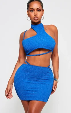 Discount PrettyLittleThing Shape Textured Asymmetrical Strappy Crop Top Blue