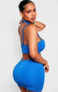 Discount PrettyLittleThing Shape Textured Asymmetrical Strappy Crop Top Blue