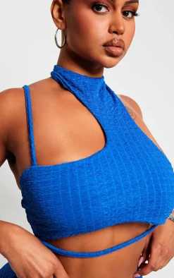 Discount PrettyLittleThing Shape Textured Asymmetrical Strappy Crop Top Blue