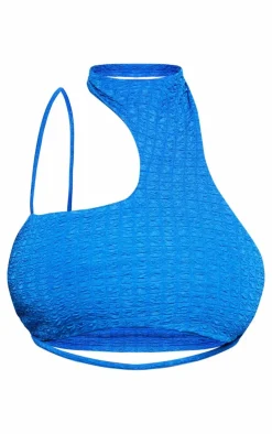 Discount PrettyLittleThing Shape Textured Asymmetrical Strappy Crop Top Blue