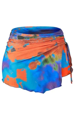 Discount PrettyLittleThing Shape Tie Dye Printed Slinky Ruched Side Bandeau Blue
