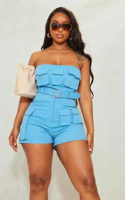 Discount PrettyLittleThing Shape Twill Buckle Detail Cargo Bandeau Blue