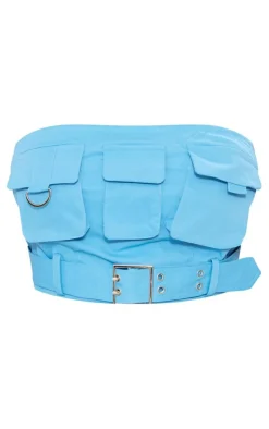 Discount PrettyLittleThing Shape Twill Buckle Detail Cargo Bandeau Blue