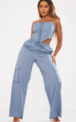 New PrettyLittleThing Shape Twill Elasticated Waist Wide Leg Cargo's Blue