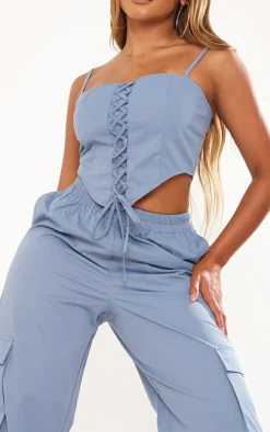 New PrettyLittleThing Shape Twill Elasticated Waist Wide Leg Cargo's Blue