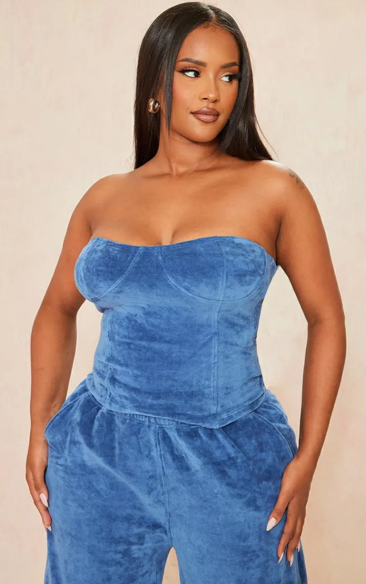 Clearance PrettyLittleThing Shape Velour Cup Detail Longline Bandeau Blue