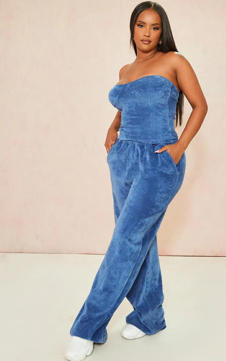 Clearance PrettyLittleThing Shape Velour Cup Detail Longline Bandeau Blue