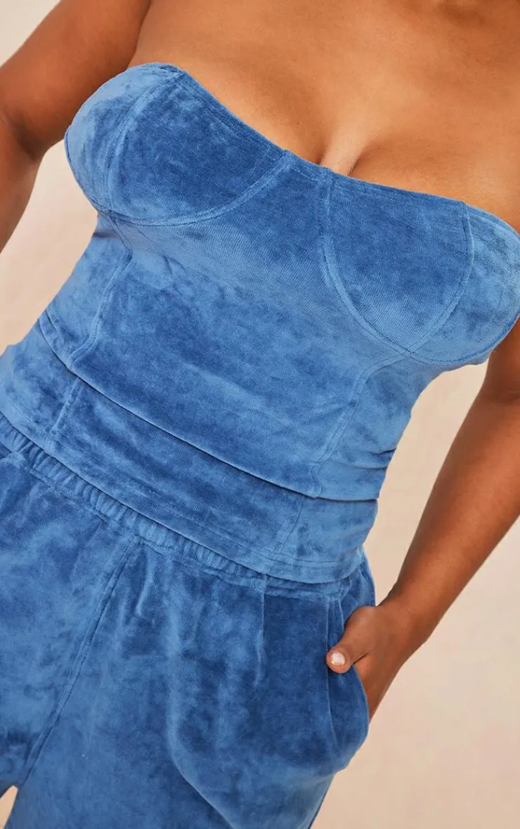 Clearance PrettyLittleThing Shape Velour Cup Detail Longline Bandeau Blue