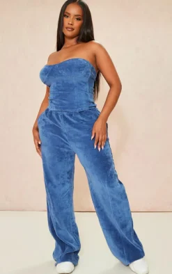 New PrettyLittleThing Shape Velour Wide Leg Sweatpants Blue