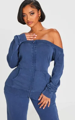 Hot PrettyLittleThing Shape Washed Bardot Zip Up Sweatshirt Blue