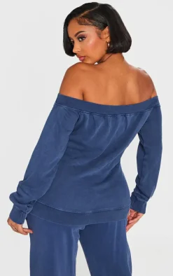 Hot PrettyLittleThing Shape Washed Bardot Zip Up Sweatshirt Blue