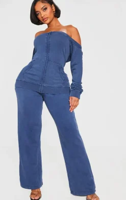 Hot PrettyLittleThing Shape Washed Bardot Zip Up Sweatshirt Blue
