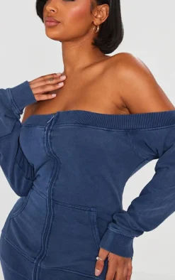 Hot PrettyLittleThing Shape Washed Bardot Zip Up Sweatshirt Blue