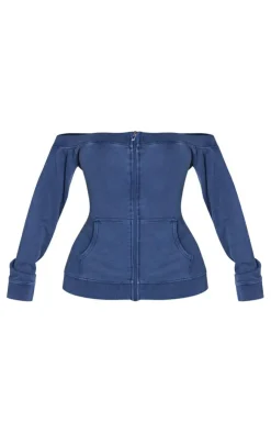 Hot PrettyLittleThing Shape Washed Bardot Zip Up Sweatshirt Blue