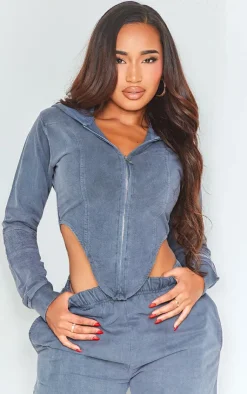 PrettyLittleThing Blue Sweatsuits*Shape Washed Corset Detail Hoodie