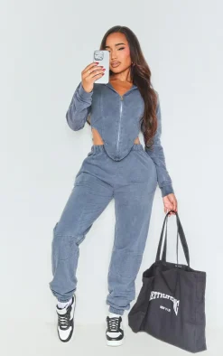 PrettyLittleThing Blue Sweatsuits*Shape Washed Corset Detail Hoodie