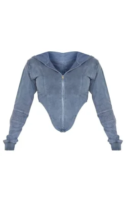 PrettyLittleThing Blue Sweatsuits*Shape Washed Corset Detail Hoodie