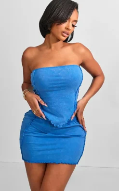 Online PrettyLittleThing Shape Washed Cotton Seam Lettuce Hem Skirt Blue