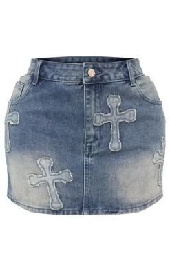 Shape Blue Washed Denim Embroidered Cross Mini Skirt