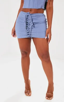PrettyLittleThing Shape Woven Lace Up Detail Mini Skirt Blue