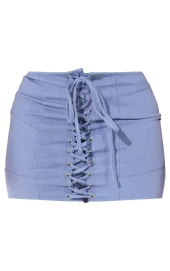 PrettyLittleThing Shape Woven Lace Up Detail Mini Skirt Blue