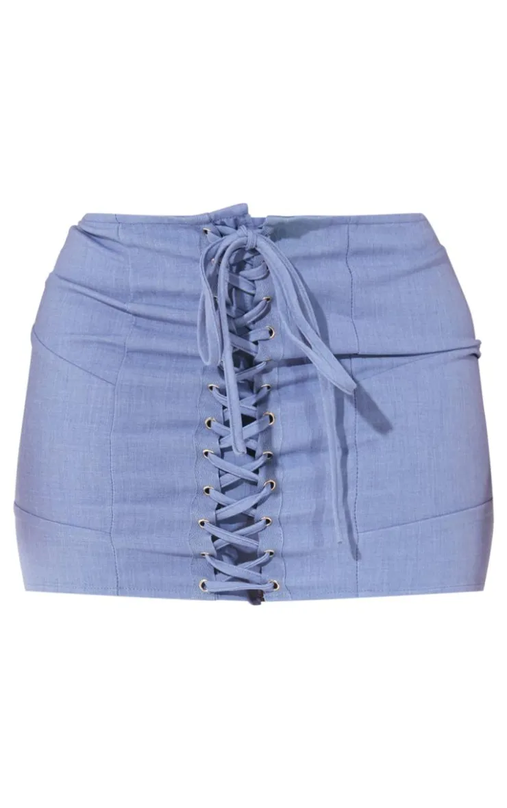 PrettyLittleThing Shape Woven Lace Up Detail Mini Skirt Blue