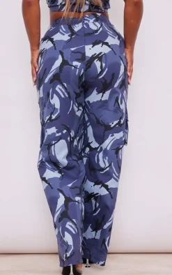 Discount PrettyLittleThing Shape Camo Pocket Detail Wide Leg Pants Bright Blue