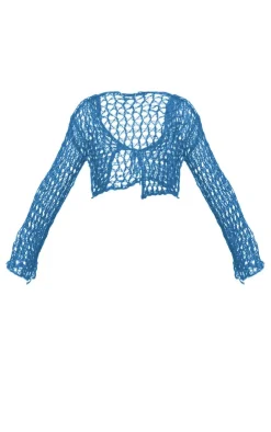 Clearance PrettyLittleThing Shape Knit Tie Front Long Sleeve Top Bright Blue