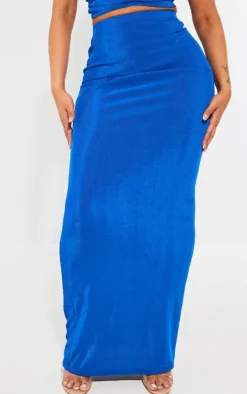 Hot PrettyLittleThing Shape Slinky Acetate Ruched Detail Maxi Skirt Bright Blue