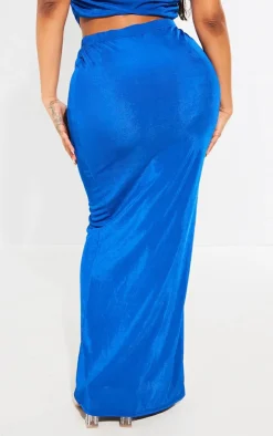 Hot PrettyLittleThing Shape Slinky Acetate Ruched Detail Maxi Skirt Bright Blue