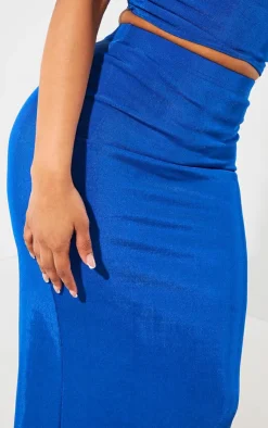 Hot PrettyLittleThing Shape Slinky Acetate Ruched Detail Maxi Skirt Bright Blue