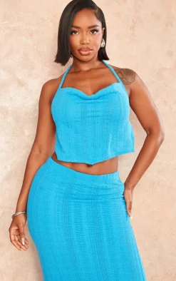 Clearance PrettyLittleThing Shape Textured Sheer Halterneck Strappy Top Bright Blue