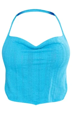 Clearance PrettyLittleThing Shape Textured Sheer Halterneck Strappy Top Bright Blue