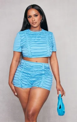 PrettyLittleThing Shape Woven Lace Up Detail Cropped T Shirt Bright Blue